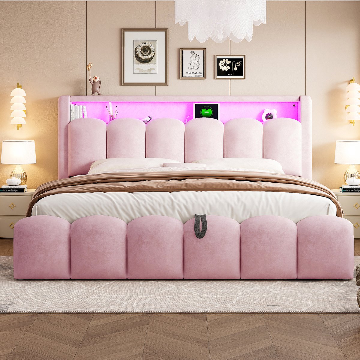 MIVRAY Polsterbed 180x200 Cm Zonder Matras - Tweepersoonsbed Met Usb En Type C Aansluitingen En LED - Met Hydraulische Opbergruimte - Fluweel - Roze