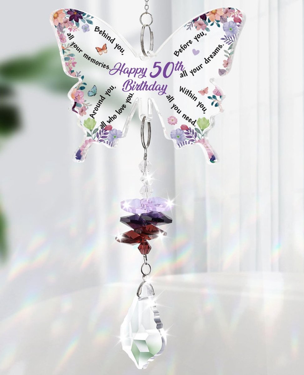 Zonnevanger voor 50e verjaardag - Vlinder raamdecoratie met kristallen en regenboogeffect - Met ketting om op te hangen - Voor moeder, oma, zus en vriendin