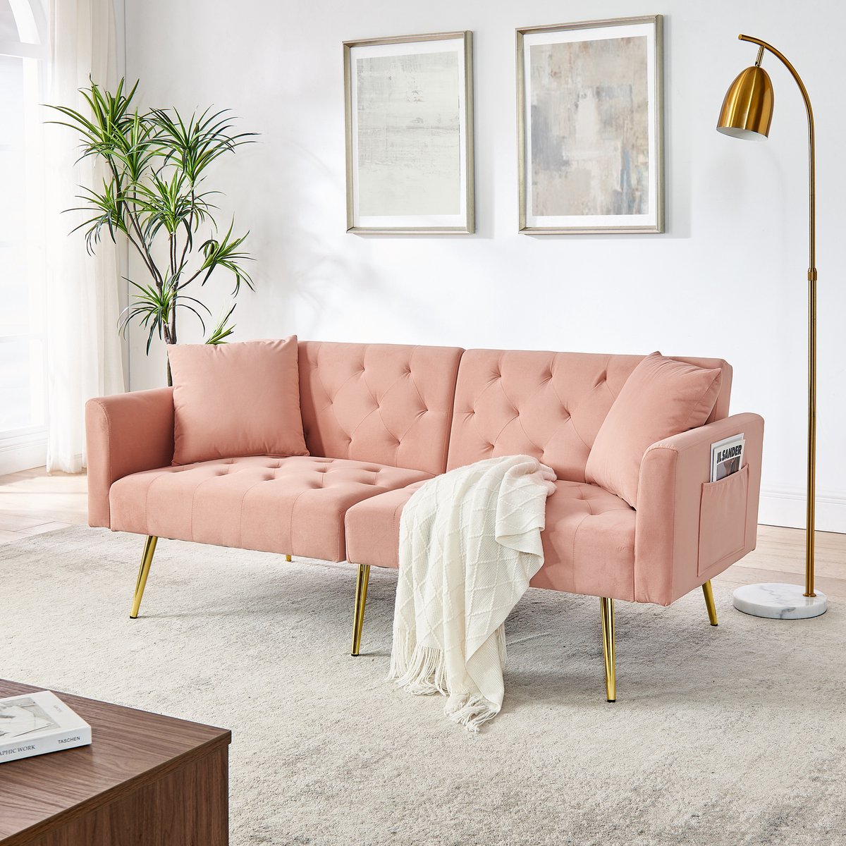 REDOM - Slaapbank - 3-voudig verstelbare rugleuning - 2-zits - met 2 kussens en metalen poten - modern - fluweel - Roze - 177 x 78 x 74 cm