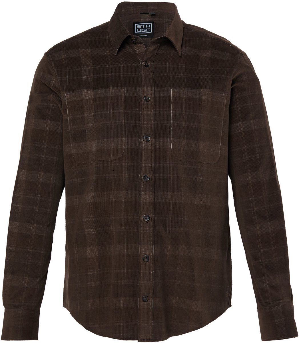 STHUGE - Heren - Geruit overhemd corduroy lange mouwen modern fit kentkraag - Kastanjebruin - Maat 8XL