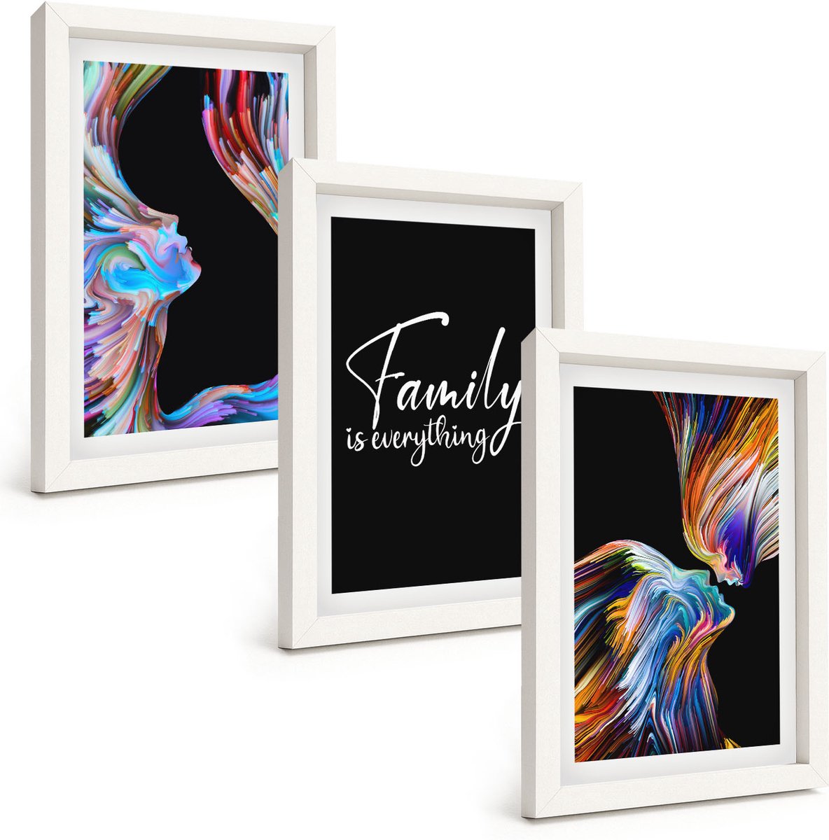 Wallfluent 3-Delige Schilderij Set - Portretten Van Mensen In Kleurrijke Patronen En Een Opschrift Over Familie. - 20 x 30 - Decoratieve Schilderijen - Woonkamer - Interieur - Muurdecoratie