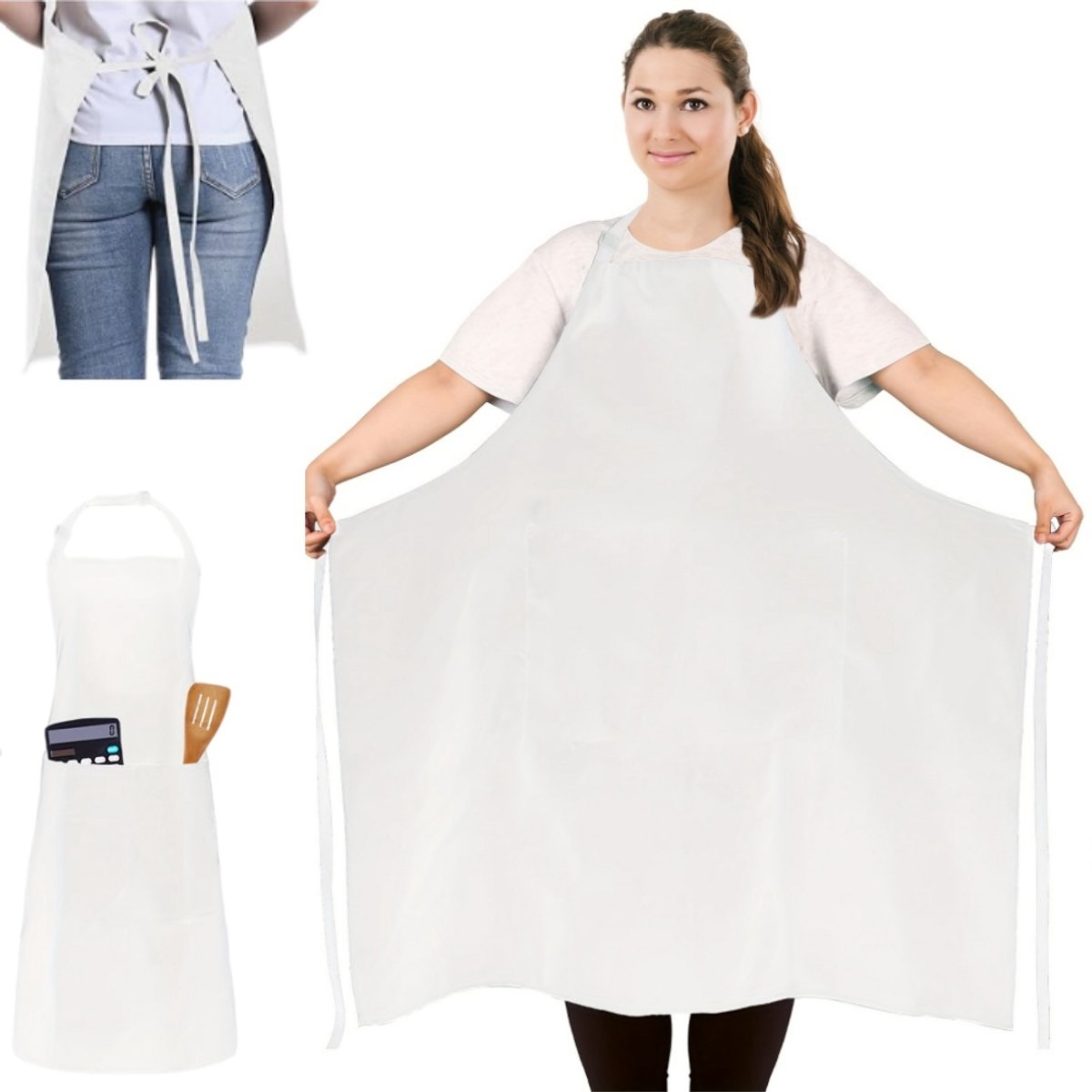 1 stuk - Plus-size schort - Met 2 zakken - Verstelbaar schort - Restaurantschort - Bakschort - Kappersschort - Vlekbestendig - Wit - 88 x 97 cm - Geschikt voor koken, schilderen en werken