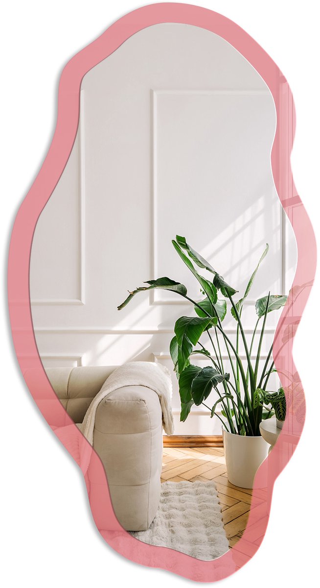 Coloray Zalmkleur Spiegel - Roze Moderne Rechthoekige Wandspiegel - Organische Spiegel - Slaapkamer, Woonkamer, Kantoor - Minimalistisch - 45x90 cm - Totale afmeting 52x97 cm