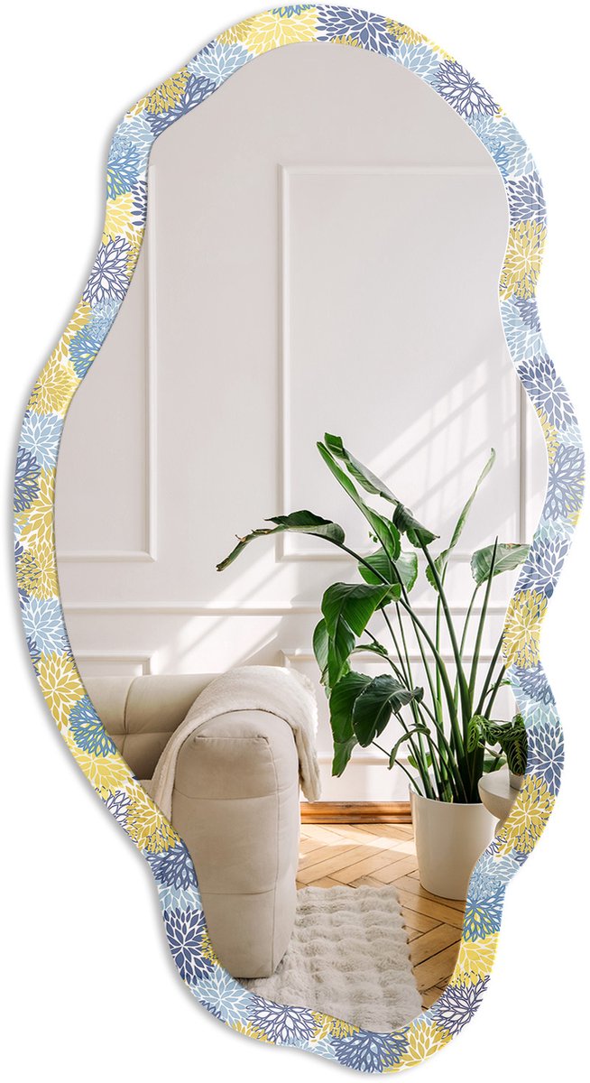 Coloray Plantenpatroon Spiegel - Geel Rechthoekige Spiegel Voor Interieur - Organische Spiegel - Woonkamer - Abstract - 45x90 cm - Totale afmeting 52x97 cm