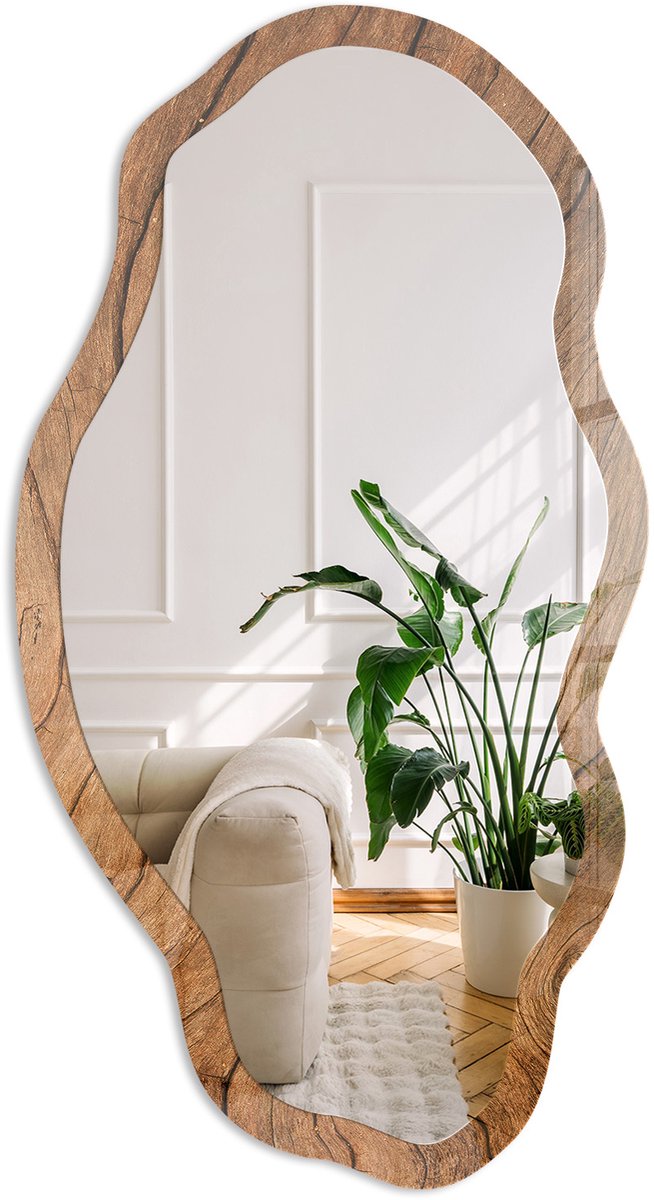 Coloray Houtstructuur Spiegel - Bruin Elegante Rechthoekige Wandspiegel - Organische Spiegel - Woonkamer, Kantoor, Slaapkamer - Rustiek - 45x90 cm - Totale afmeting 52x97 cm