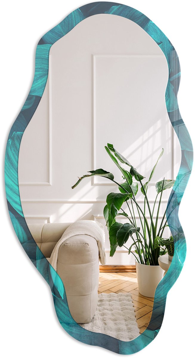 Coloray Turkooizen Bladeren Spiegel - Turkoois Rechthoekige Spiegel Voor Interieur - Organische Spiegel - Slaapkamer, Woonkamer, Kantoor - Modern - 45x90 cm - Totale afmeting 52x97 cm