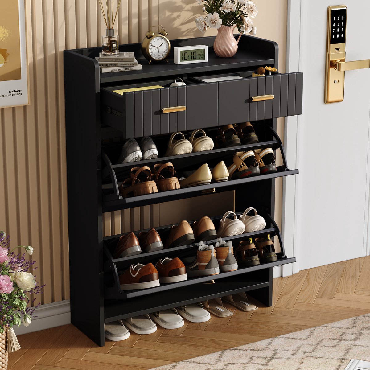 Schoenenkast - Smal Model Met 2 Klapvakken En 2 Lades - Modern Voor Hal En Woonruimte - Spaanplaat - Zwart - 75 X 24 X 108,5 Cm