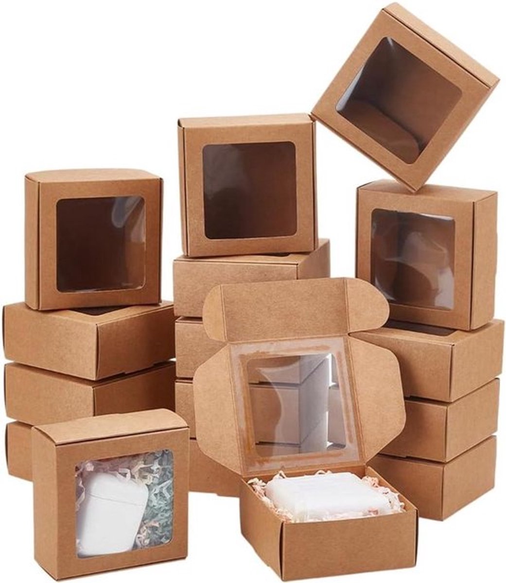 -Kraftpapieren geschenkdozen - Vierkant - 30 stuks - Transparant PVC-venster - Huwelijksgeschenk - Chocolaatjes - Koekjes - Ambachten - 9,1 x 9,1 x 4 cm