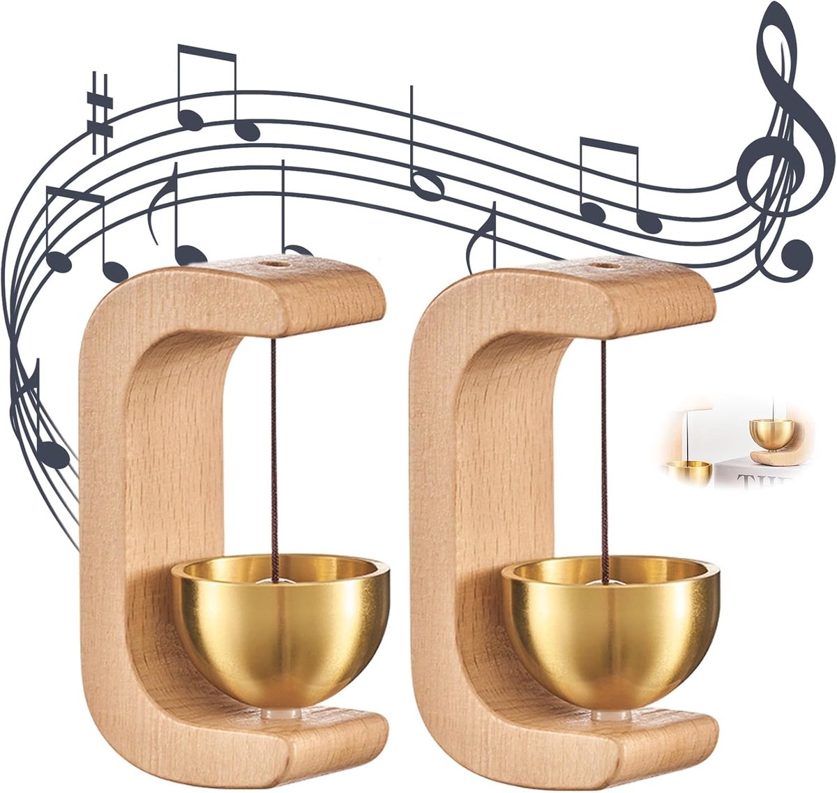 SnelShoppen - Houten Deurbellenset met Messing Bel, Zelfklevende Deurbel voor Deur, Kantoor, Winkel, Café - Duurzaam en Schattig Design - 7.5 x 3.8 x