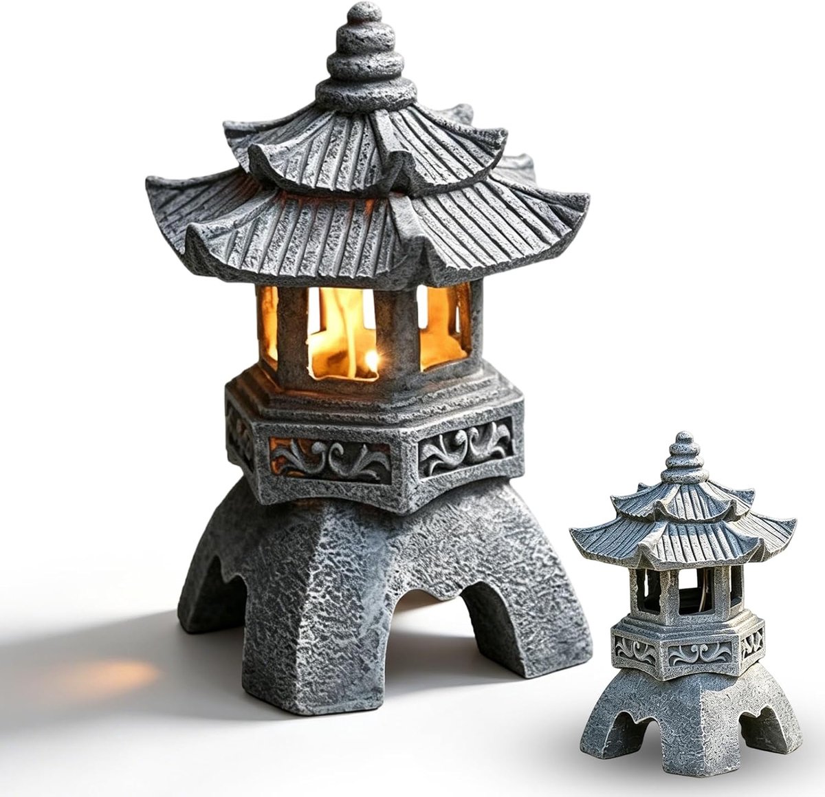 SnelShoppen - Japanse stenen lantaarn - Tuindecoratie - Solar pagode lantaarn H 24 cm - Kunststof tuinlantaarn met LED verlichting voor binnen en buit