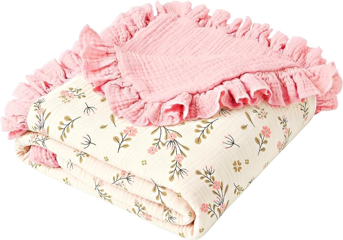 SnelShoppen - Mousseline Babydeken voor Meisjes 120x120 cm, 100% Katoen, Zacht en Ademend, Omkeerbaar met Bloemenprint, Ideaal voor Pasgeborenen en Pe