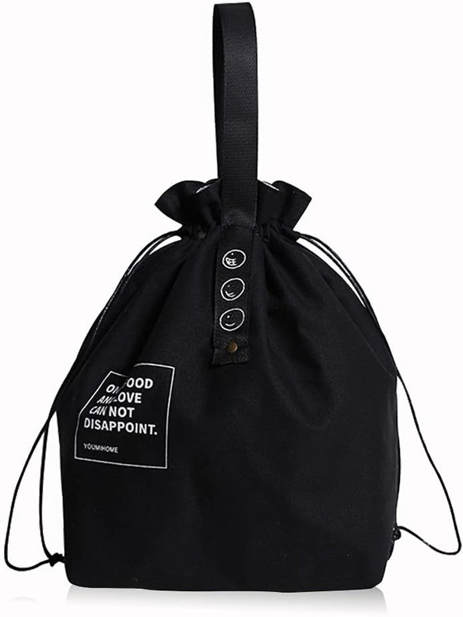 SnelShoppen - Canvas Insulated Lunch Bag met Touwsluiting, Vouwbare en Lichtgewicht Koeltas voor Werk, School, Picnic - Zwart