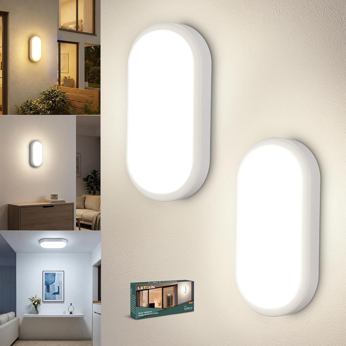 SnelShoppen - LED Plafondlamp 12W 1200LM Ovaal, IP54 Waterdicht, Vochtbestendig Licht voor Badkamer, Tuin, Garage, Hal, Werkplaats, 2 Stuks, 3000K/400