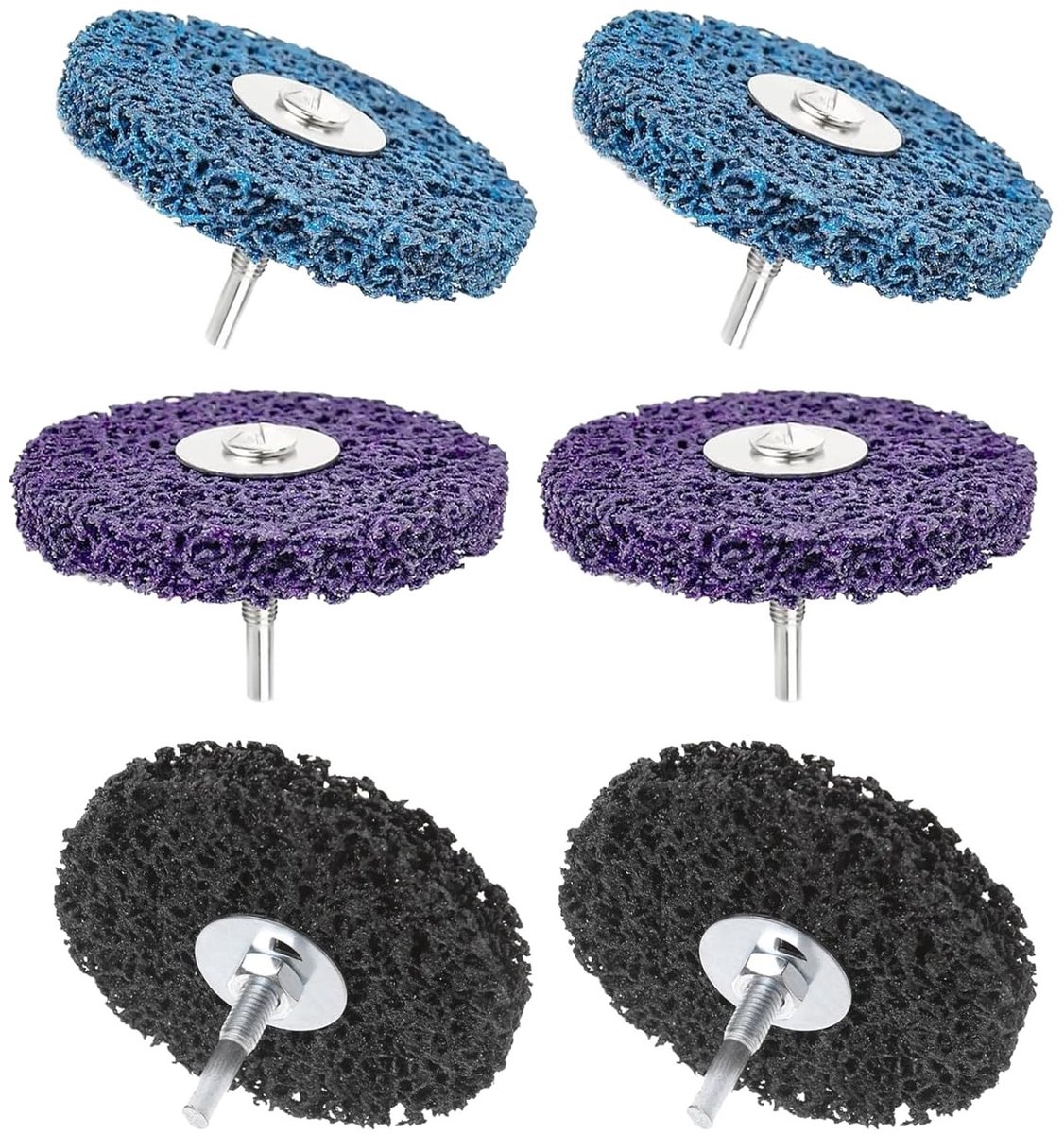 Set van 6 CSD schijven 100mm voor het slijpen en schuren, ideaal voor roest- en verfreiniging, inclusief grove schuurdiscs in lila, blauw en zwart