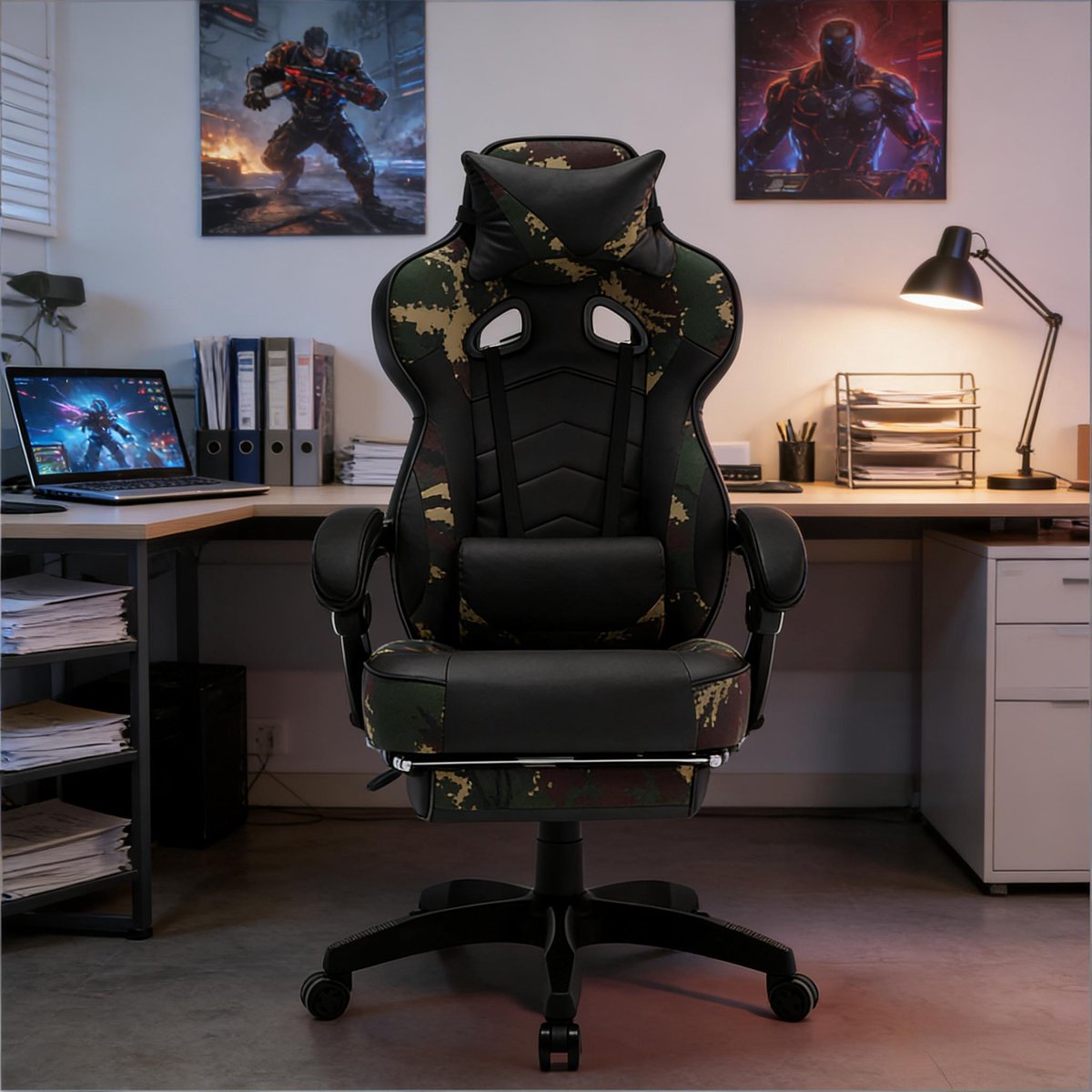 DESMIU Gamingstoel 70 Cm - Hoogteverstelbaar Met Kantelbare Rugleuning En Uitschuifbare Voetsteun - Voor Kantoor En Gamen - Kunstleer - Zwart Groen