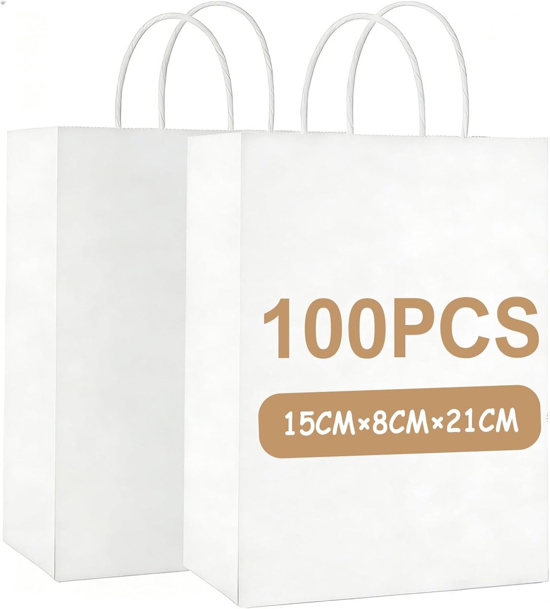 SnelShoppen - 100 Stuks Witte Papieren Gift Bags met Handvatten - Stevige Kraft Papier Tassen voor Feest, Verjaardag, Kerst, Bruiloft - 15x8x21 cm