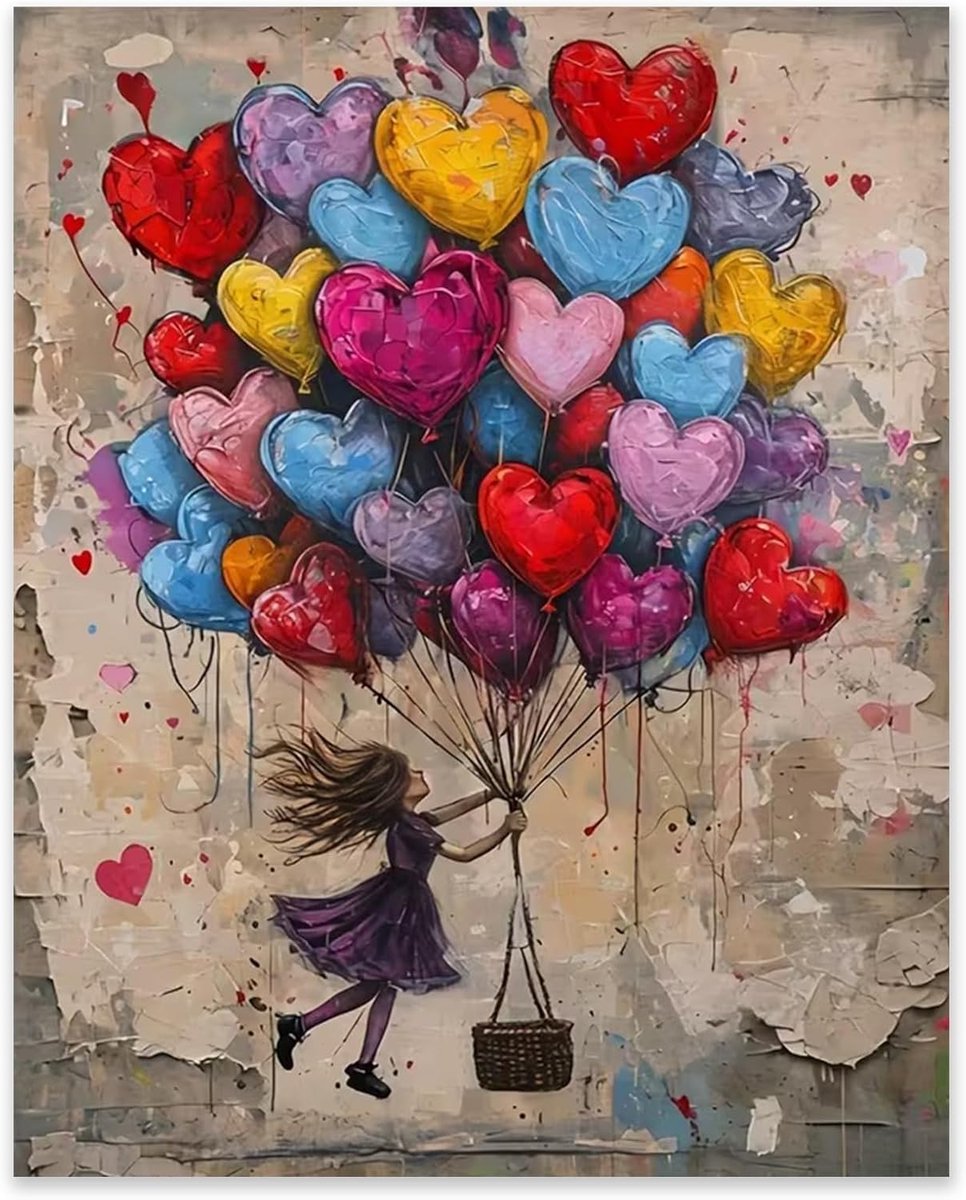 SnelShoppen - Schilderen op Nummer Hart Ballonnen voor Meisjes, Graffiti Stijl, DIY Handgeschilderd, Olieverf Set met 4 Penselen voor Beginners en Vol