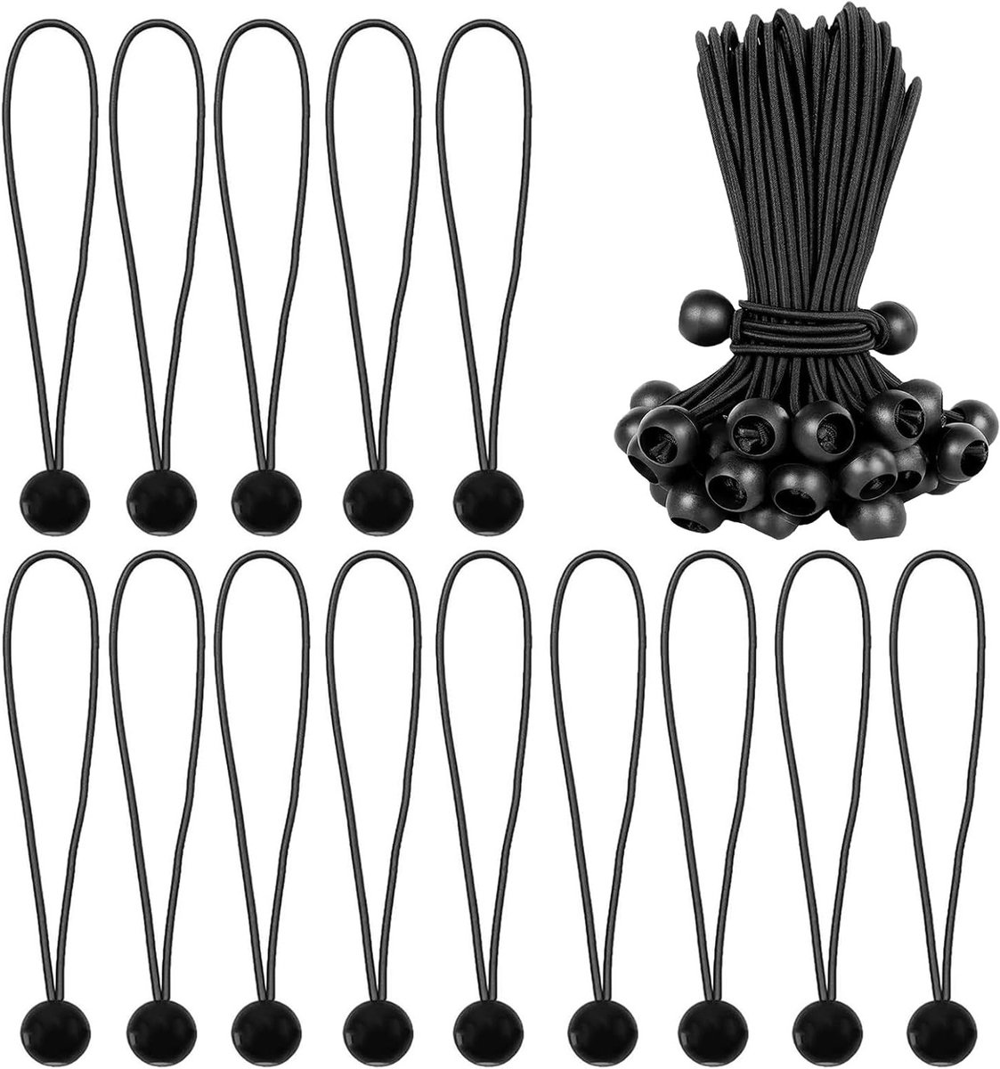 Pack van 50 Zwarte Rubber Bands met Kleine Ronde Bal voor Spanbanden, Ideaal voor Zeilen, Banners en Tentbevestiging