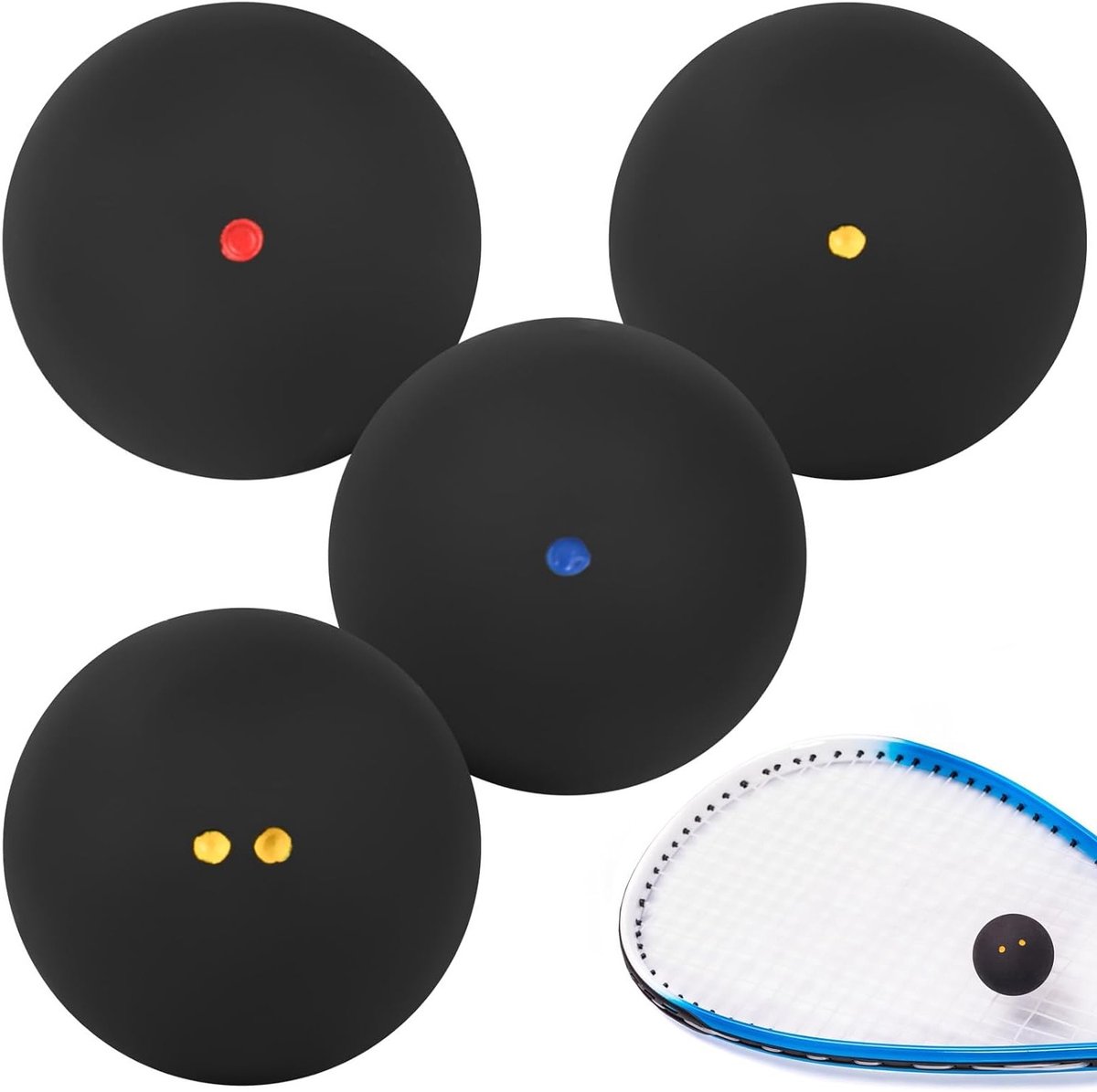 Set van 4 Squashballen voor Beginners en Training - Dubbele Gele Dots, Enkele Rode en Blauwe Ballen, Hoog Bouncevermogen en Duurzaam Sportmateriaal