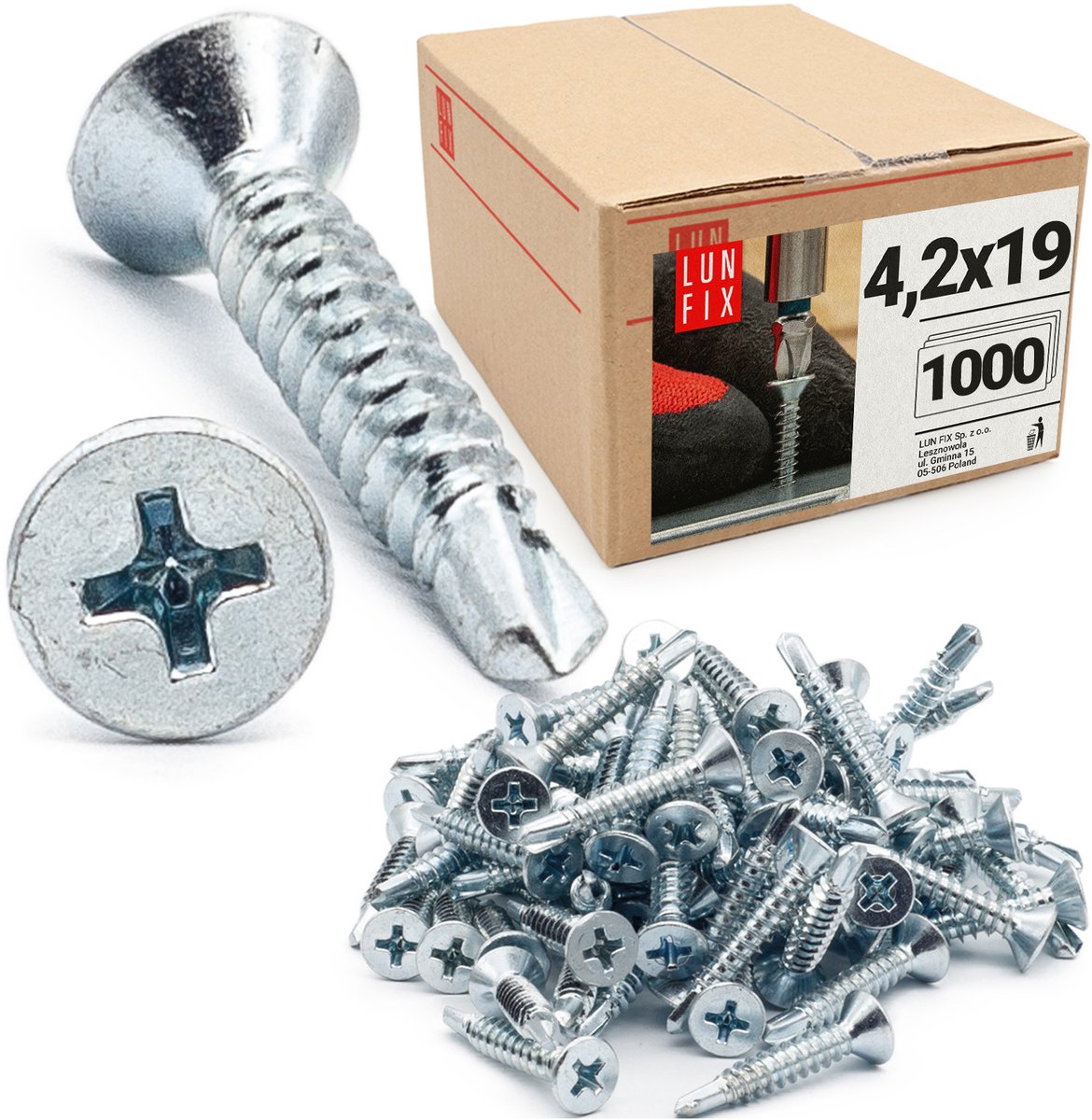 LUN FIX - Blechschroeven met verzonken kop 4,2 x 19 mm - 1000 stuks - Zelfsnijdende schroeven met boorpunt - Verzinkt staal