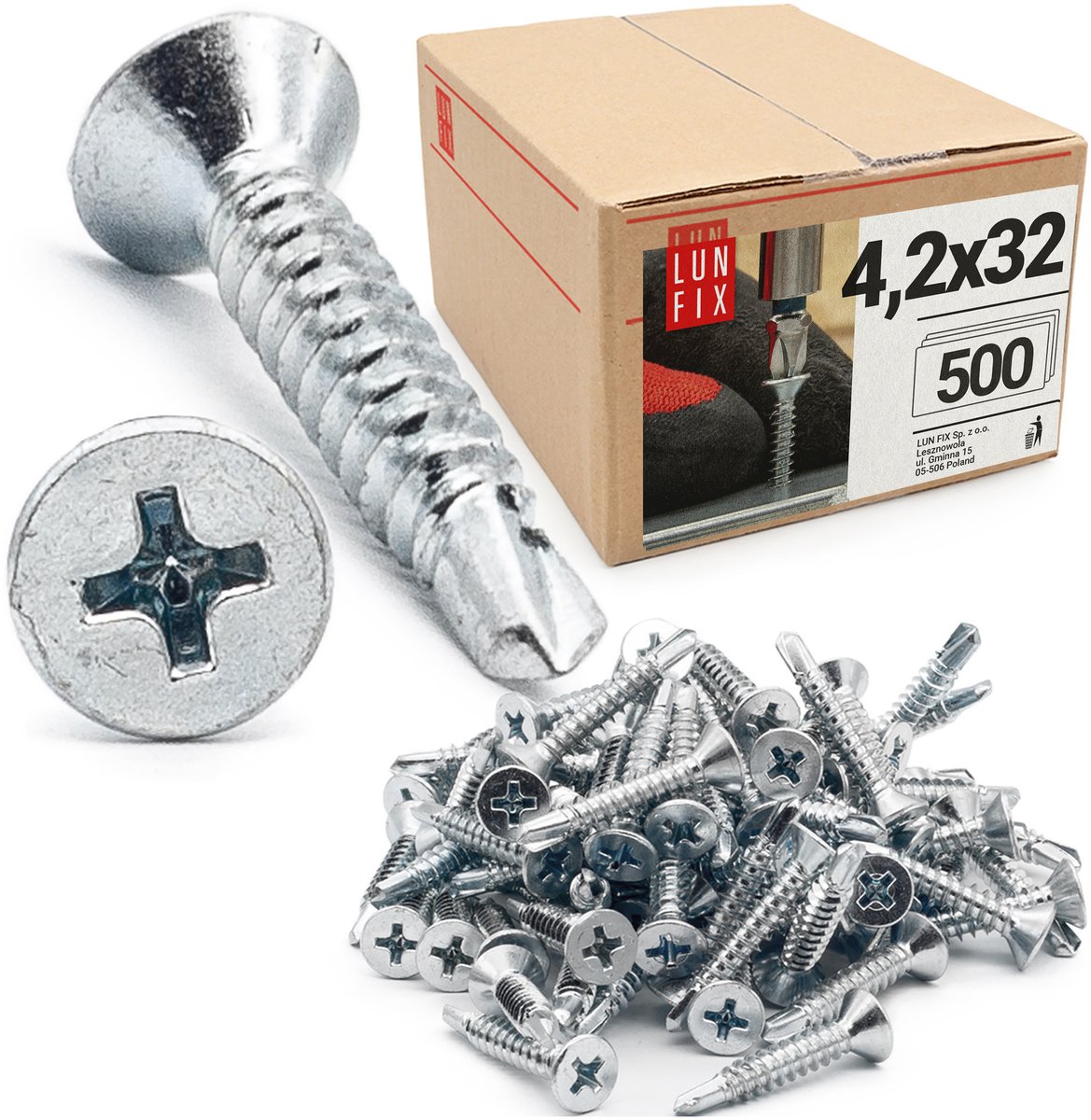 LUN FIX - Blechschroeven met verzonken kop 4,2 x 32 mm - 500 stuks - Zelfsnijdende schroeven met boorpunt - Verzinkt staal