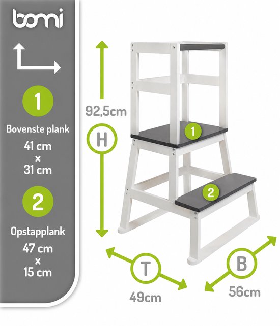 Afmetingen van de witte leertoren met zwarte treden. Bovenste plank 41x31 cm, opstapplank 47x15 cm. Hoogte 92,5 cm. Breedte 56 cm. Diepte 49 cm.