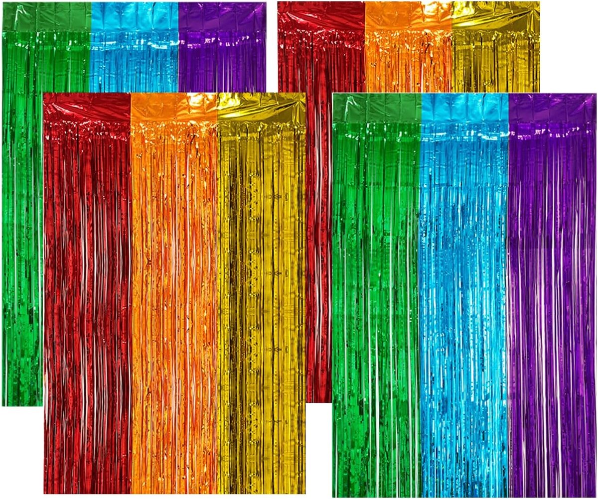 SnelShoppen - 4 Stuks Regenzijde Gordijnen, Flat Design, Decoratieve Kwast Gordijnen in Regenboog Kleuren, 1x2m, Geschikt voor Feest, Verjaardag, Brui