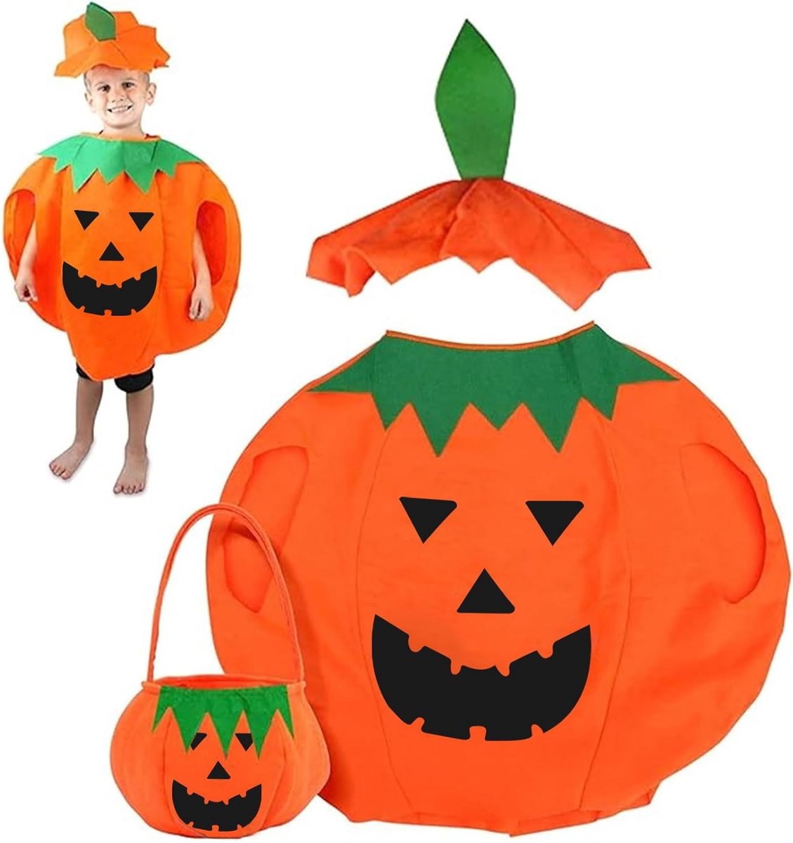 Pompoenkostuum voor kinderen met hoed en pompoenzak, ideaal voor Halloween en carnaval, schattig kostuum voor jongens en meisjes