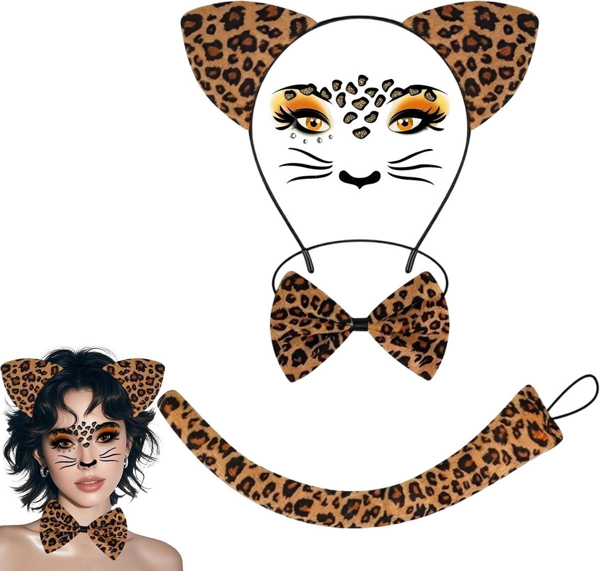 Kattenoren haarbandset met luipaardgezichtsstickers, schattige kostuumaccessoires voor carnaval en cosplay feesten, ideaal voor dames en meisjes