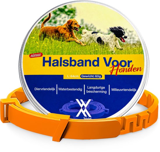 Verpakking oranje halsband voor honden met rennende honden erop.