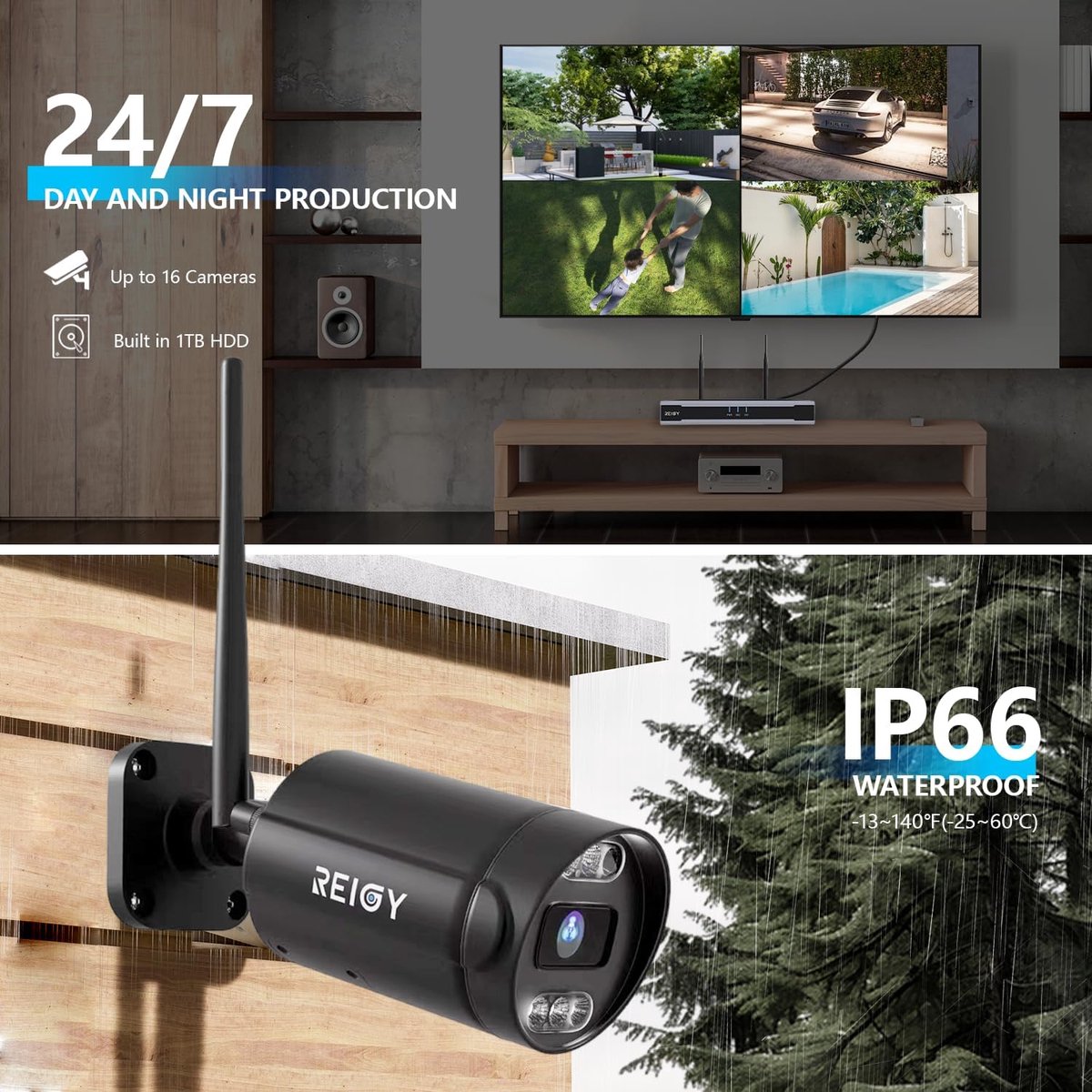 SnelShoppen - 8MP Beveiligingscamera Systeem Buiten Wifi met 1TB Hard Disk, Draadloze CCTV Camera Set 16CH NVR + 4x 3840x2160P Video Camera (2PT+2Bull