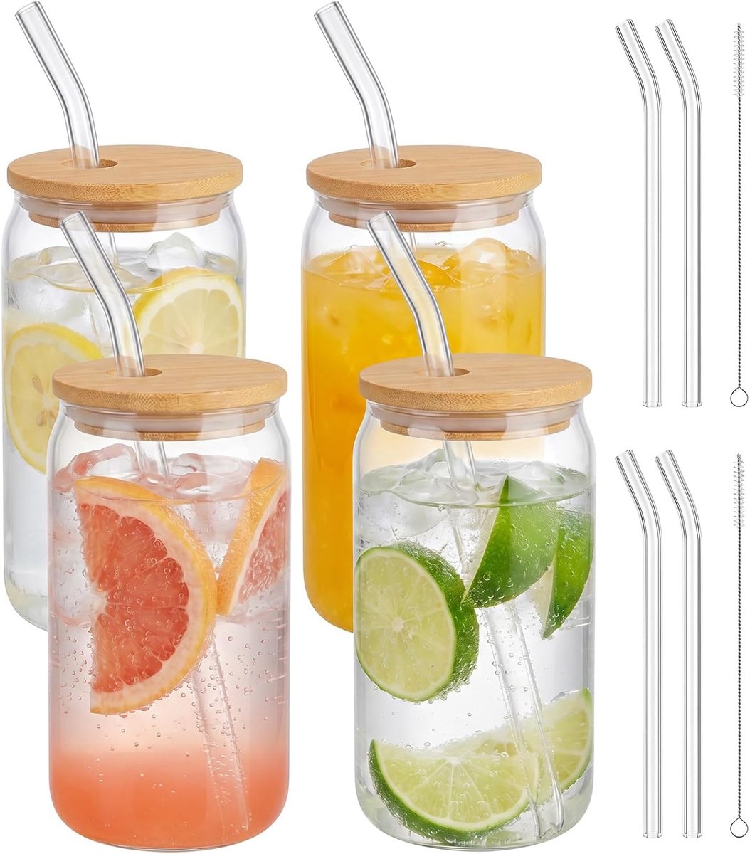SnelShoppen - 4 Matcha-glazen met deksel en rietje – 500 ml glazen bekers voor cocktails, whisky, bier, ijskoffie, frisdrank en sappen – Perfect voor