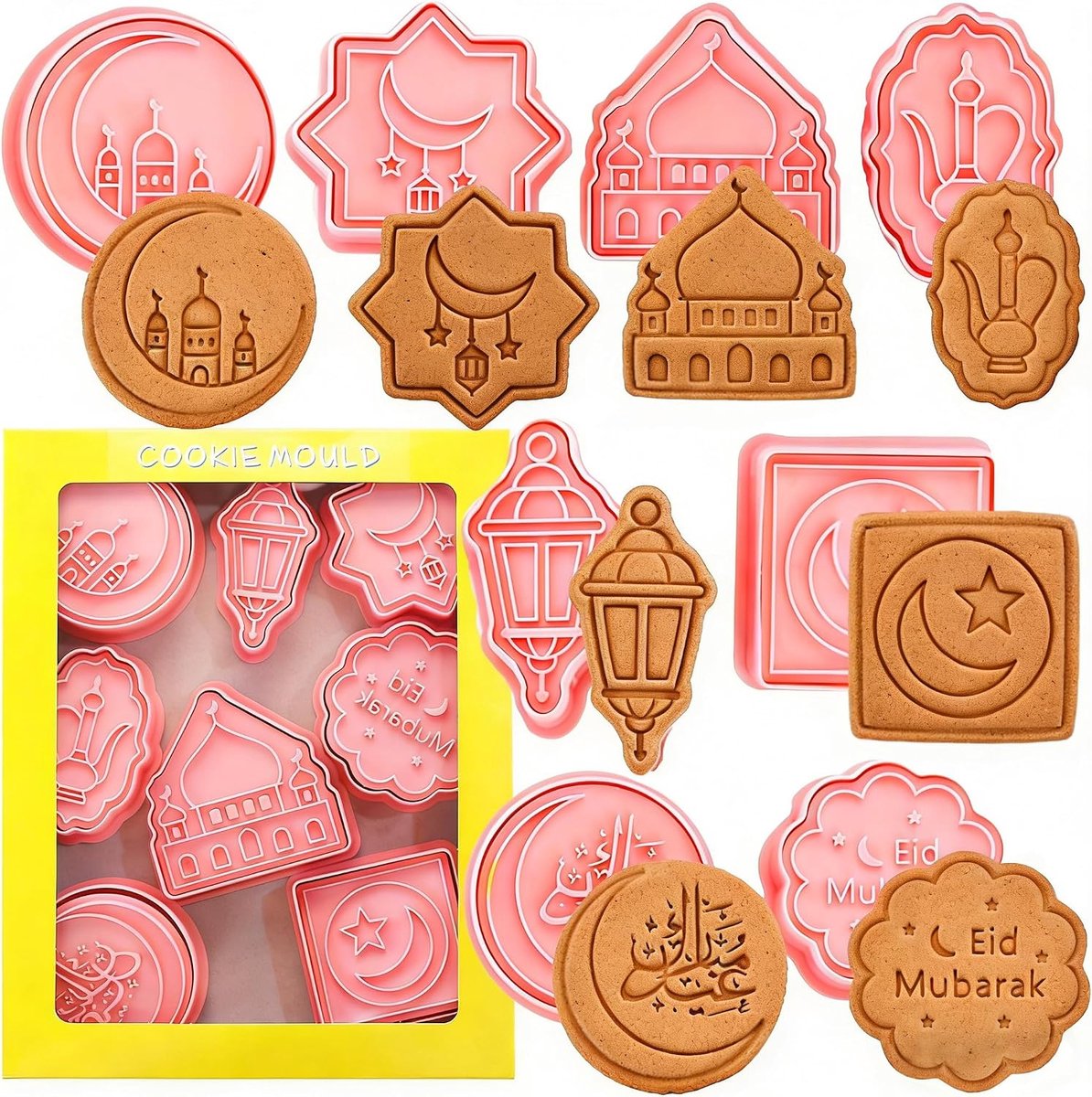 SnelShoppen - Eid Mubarak Cookie Cutter Set - 8 Delige 3D Drukbare Koekjesuitsteeksets - Foodgrade Kunststof - Voor Feestelijke Decoratie en Bakplezie