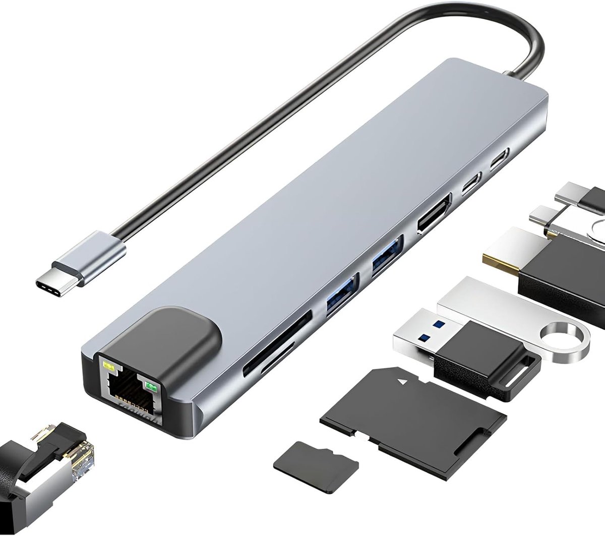 SnelShoppen - USB C Multiport Hub met Ethernet, Docking Station HDMI 4K, 8-in-1 Type C Adapter, RJ45, 100Mbps, 100W PD, SD/TF Reader, USB 2.0/3.0 voor