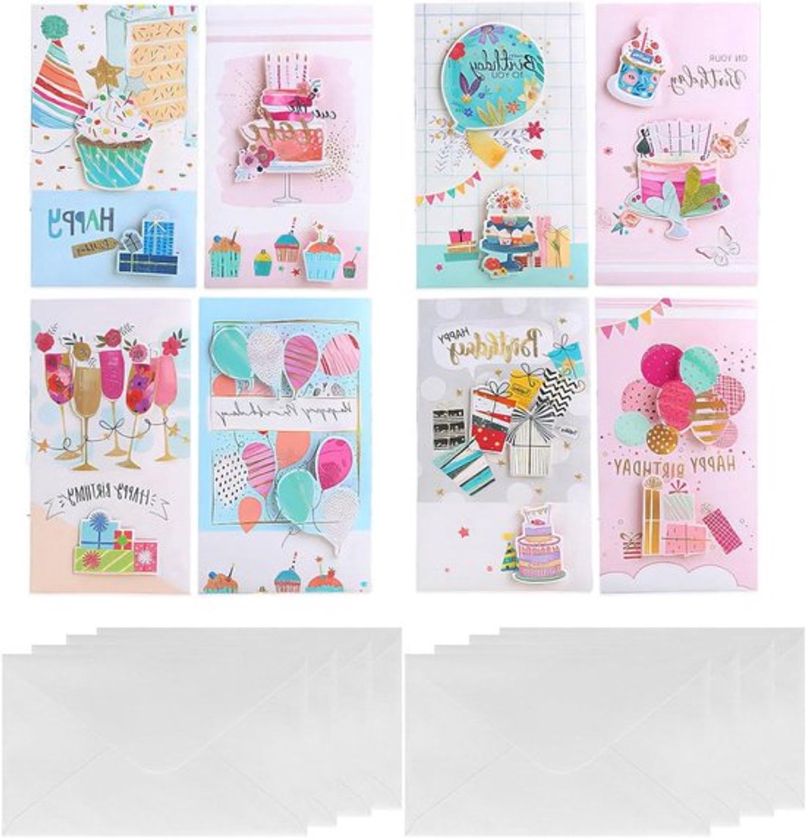 Set van 8 Verjaardagskaarten - Feestelijke Wenskaarten voor Mannen, Vrouwen en Kinderen - Leuke Kaarten voor Familie - Verjaardagswensen in Verschillende Stijlen