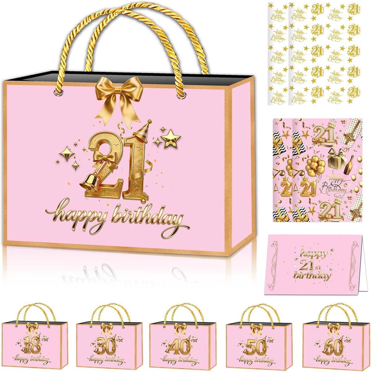 SnelShoppen - Verjaardagscadeau Inpakken Papieren Zak Set - All-in-One Kit met Geschenktas, Wenskaart, Glanzend Inpakpapier, Tissue & Lint in Roze en