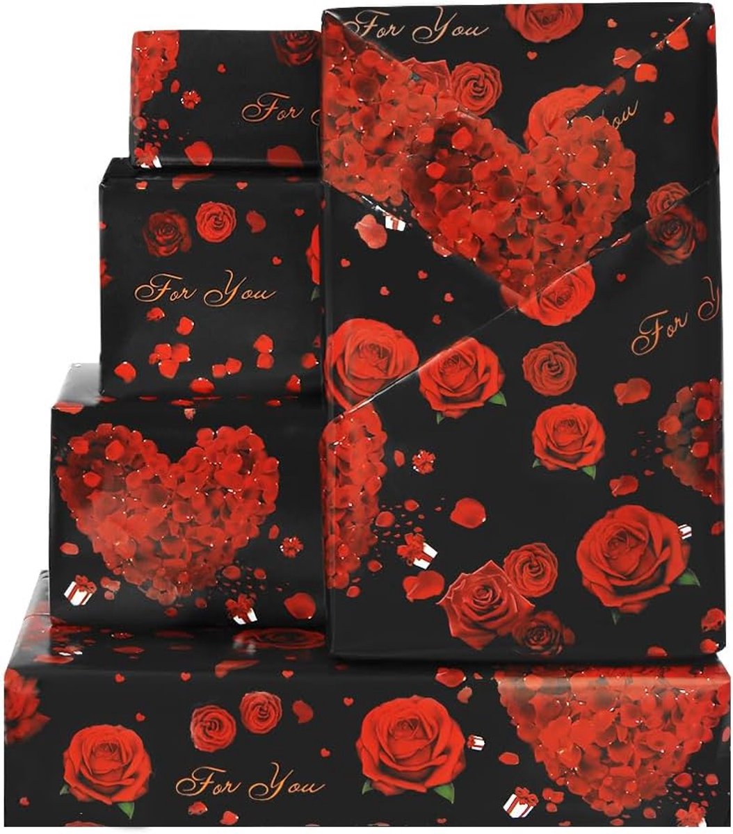 SnelShoppen - Luxe Rose Verpakking Papier - Zwart en Rood Hart Rozen - 4 Vouwbladen - Cadeaupapier voor Bruiloft, Verjaardag, Valentijnsdag, Moederdag