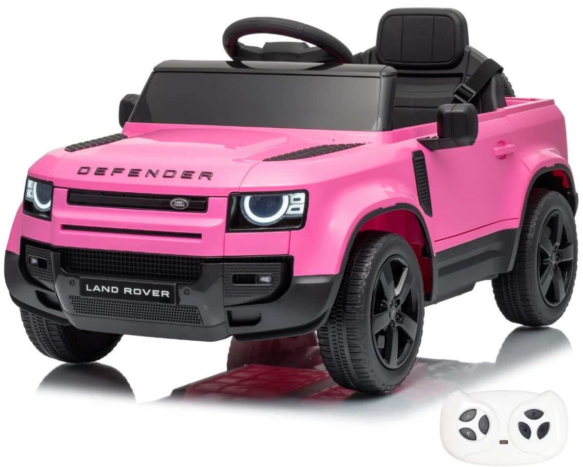 Land Rover Defender 90 Elektrische Kinderauto 12V 1 tot 5 jaar - Accuvoertuig met Afstandsbediening, EVA wielen & 3-puntsgordel - Accuvoertuig met Werkende Deuren & MP3-speler - Roze