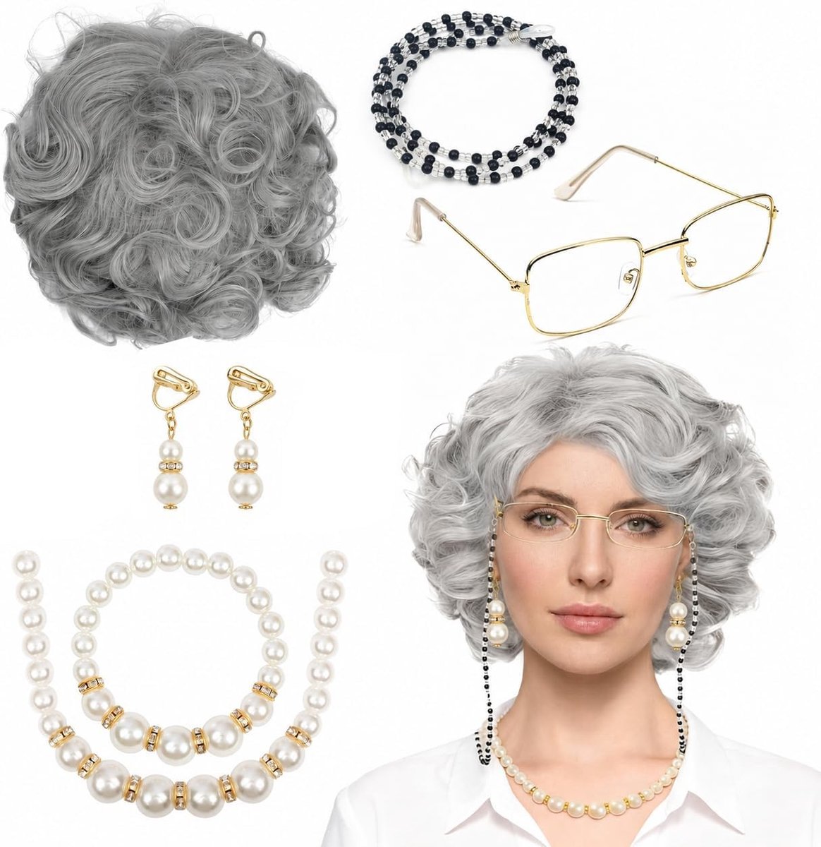 Complete 7-delige Kostuumset voor de 100e Schooldag en Carnaval met Grijze Peruk, Bril met Ketting, Parelketting, Armband en Oorbellen voor Oudere Vrouwen