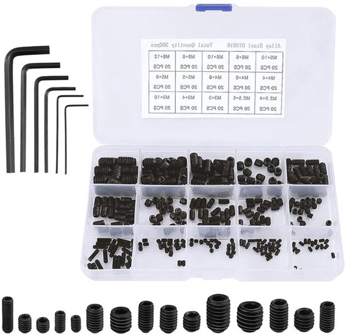 Schroeven assortiment met inbussleutel, gelegeerd koolstofstaal, zwart, 300 stuks. Geschikt voor M2.5, M3, M4, M5, M6, M8.