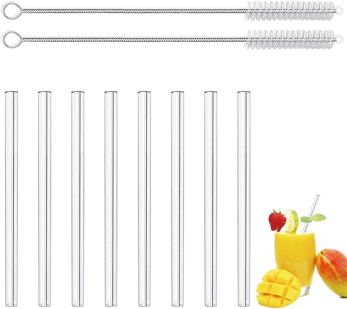 SnelShoppen - 8 stuks Herbruikbare Glassstralen - Milieuvriendelijk, BPA-vrij, Doorzichtig, Geschikt voor Cocktails, Met 2 Rengingsborstels, Veilig vo