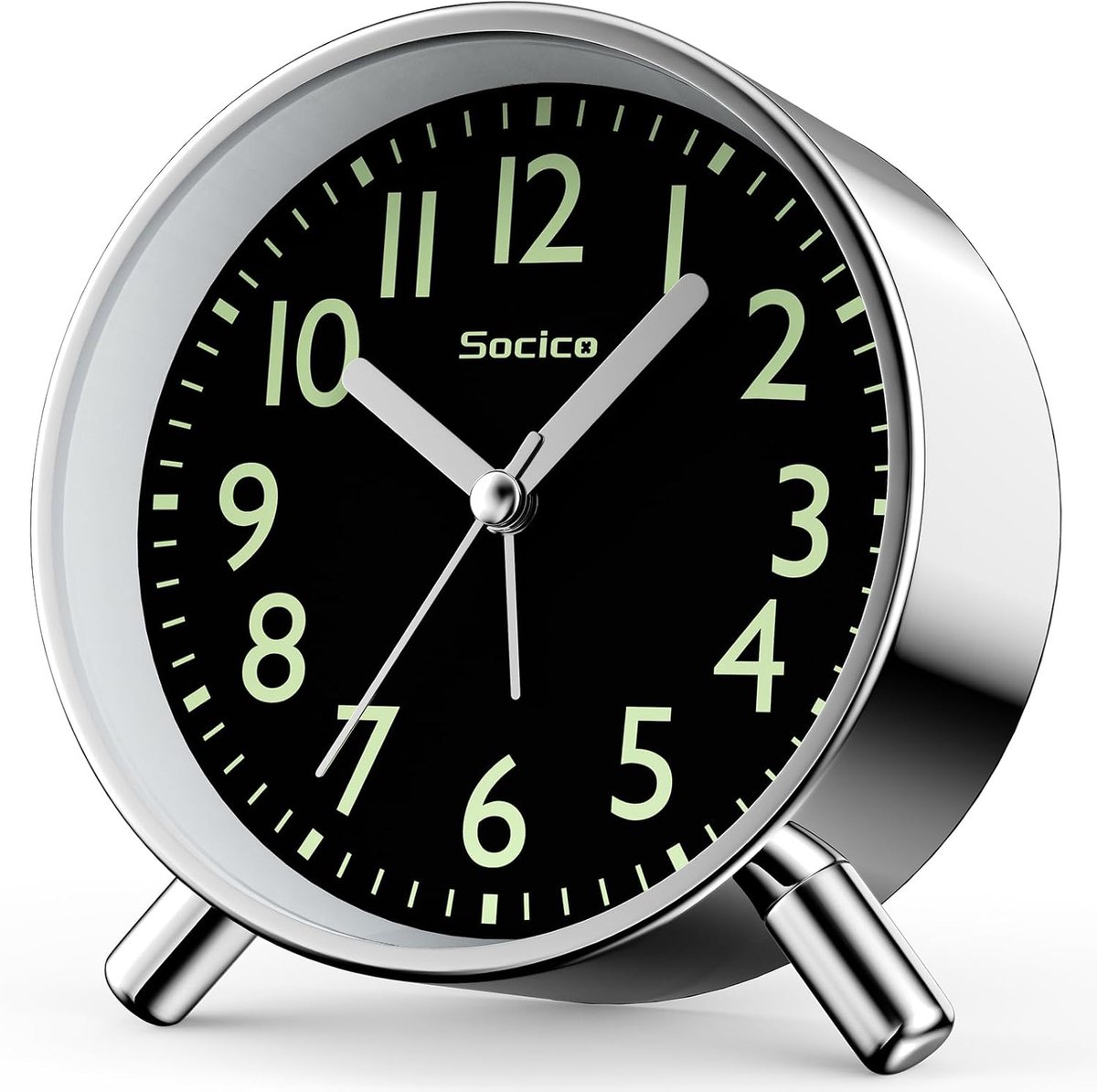 SnelShoppen - Retro Analoge Wekker Klok - Rond, Metalen Nacht Tafel Klok, Snooze Functie, Nachtlampje, Batterij Aangedreven, Zilver Zwart - Voor Kanto