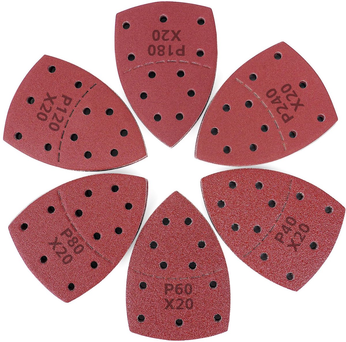 SnelShoppen - 120 Stuks Schuurpapier Set voor Driehoekige Schuurmachine 105x152mm, 11-Gaatjes, Meerdere Korrelgroottes P40/P60/P80/P120/P180/P240, Per