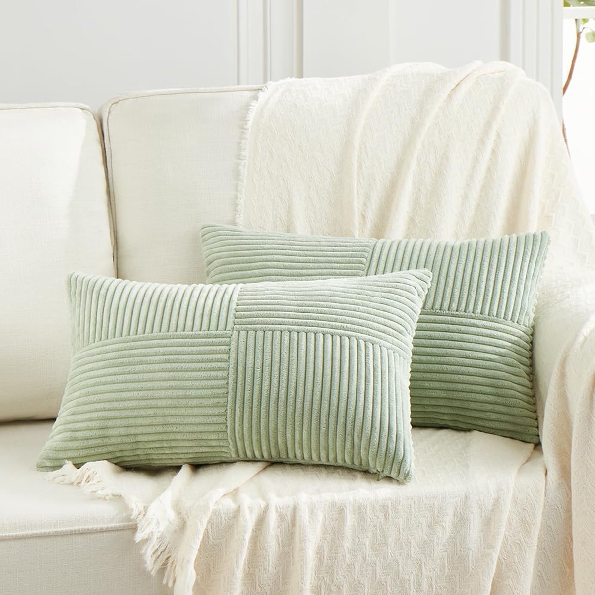 SnelShoppen - Set van 2 Kussenhoezen Boho 50 x 70 cm Corduroy Modern Zacht Kussenhoes met Kruispatroon voor Sofa en Slaapkamer in Lichtgroen