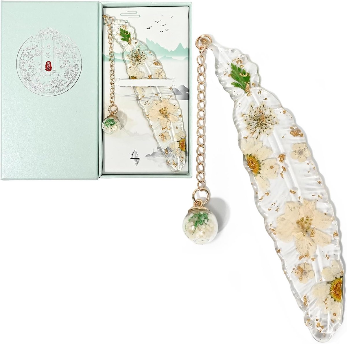SnelShoppen - Handgemaakte Resin Boekenlegger met Gedrukte Bloemen en Hanger, Unieke Cadeau voor Vrouwen, Leraren en Moeders (Wit)