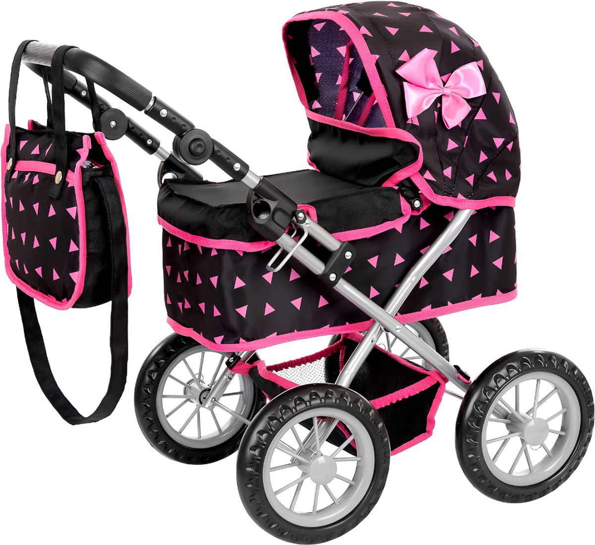 SP® Poppenwagen - Poppenbuggy - Poppenwagen Set - Zwart/Roze - 48cm x 36cm x 63cm