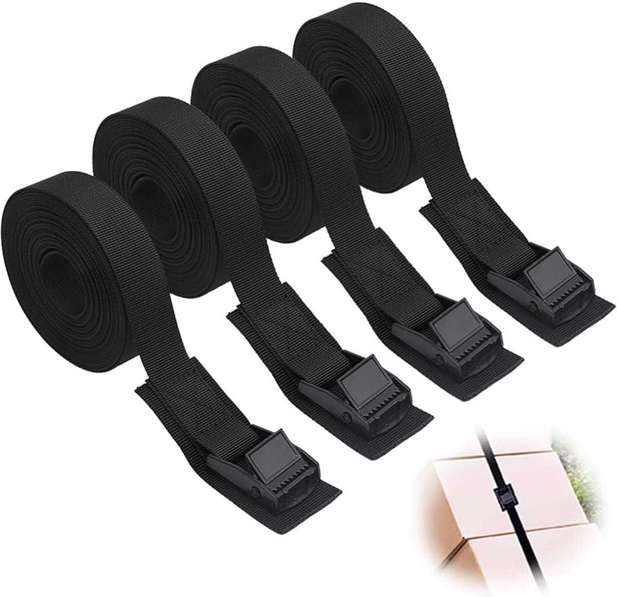 SnelShoppen - 4 Pcs Lashing Straps 3M Verstelbare Spanbanden met Klemgesp, 250 kg Laadvermogen, Zwarte Strap voor Auto, Fiets, Motor, Bagage, Kamperen