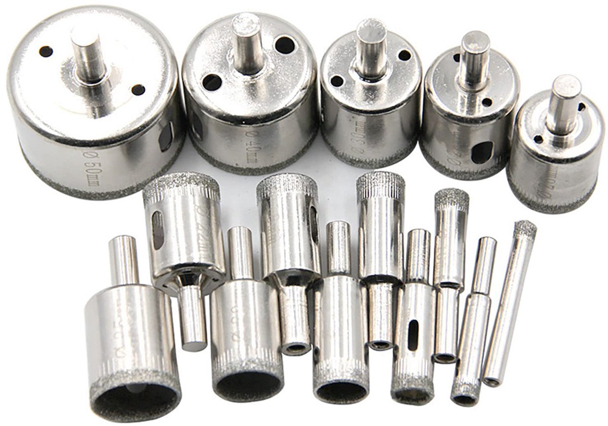Diamantboor set - 15 stuks - Maten 6-50 mm - Tegelboor set - Kraalpolijster - Geschikt voor glas, keramiek en marmer - Gegalvaniseerde tegels - Gatenzaag type