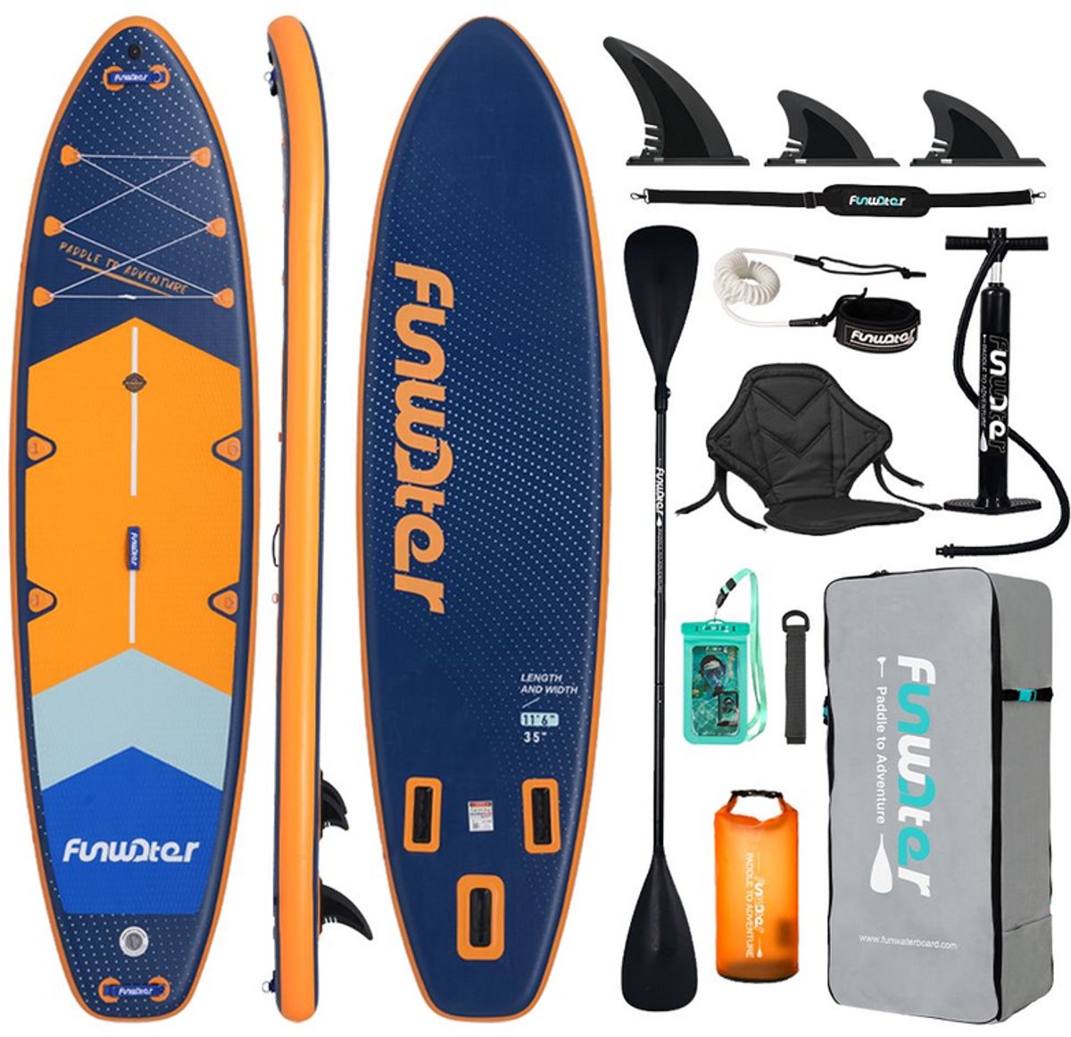 FunWater Stand Up Paddle Board350×90×15 cm - Opblaasbaar paddleboard voor volwassenen en beginners - Compleet SUP pakket - Max.120 KG - Marineblauw + donkerblauw