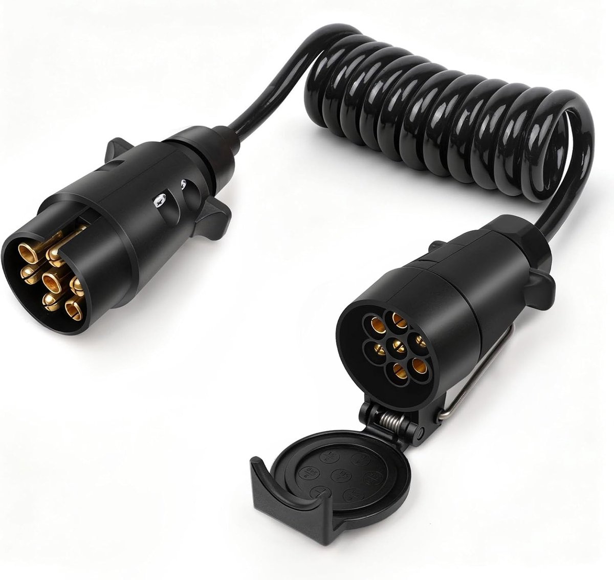 SnelShoppen - 7-Pin Trailer Extension Kabel 2m Spiraalkabel 7-Kern Adapter Kabel met 7-Pin Stekker en Stopcontact voor Auto, Vrachtwagen, Tractor